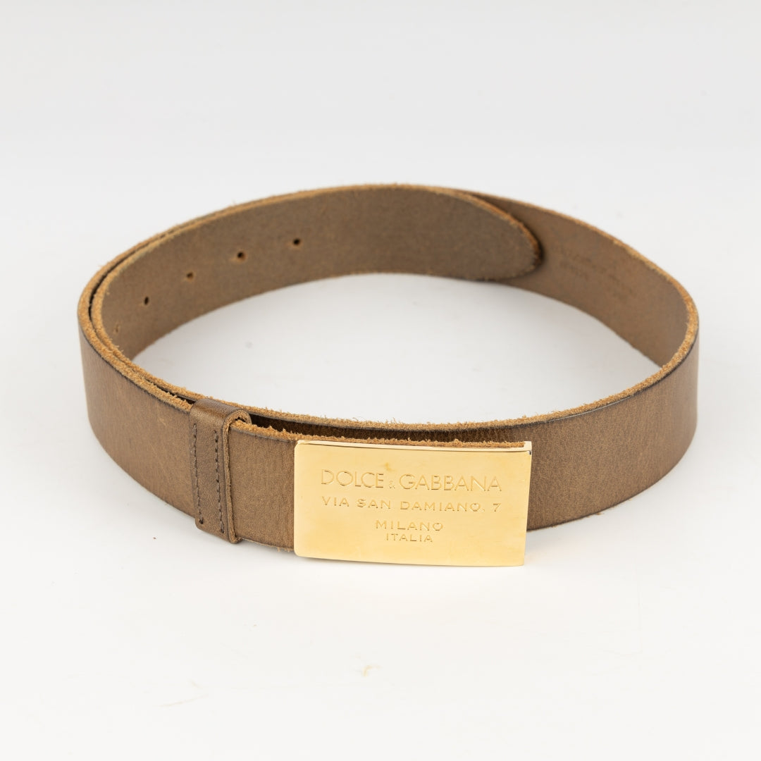 Dolce and Gabbana Brown Leather Plaque Buckle Belt