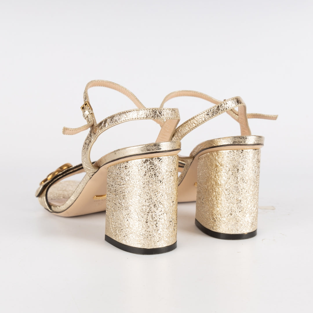 Gucci Metallic Gold Crinkled Leather GG Marmont Ankle Strap Heels