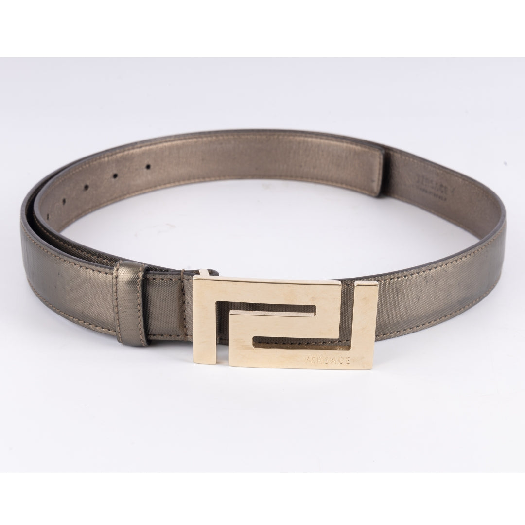 Versace Metallic Grey Fabric and Leather Buckle Belt