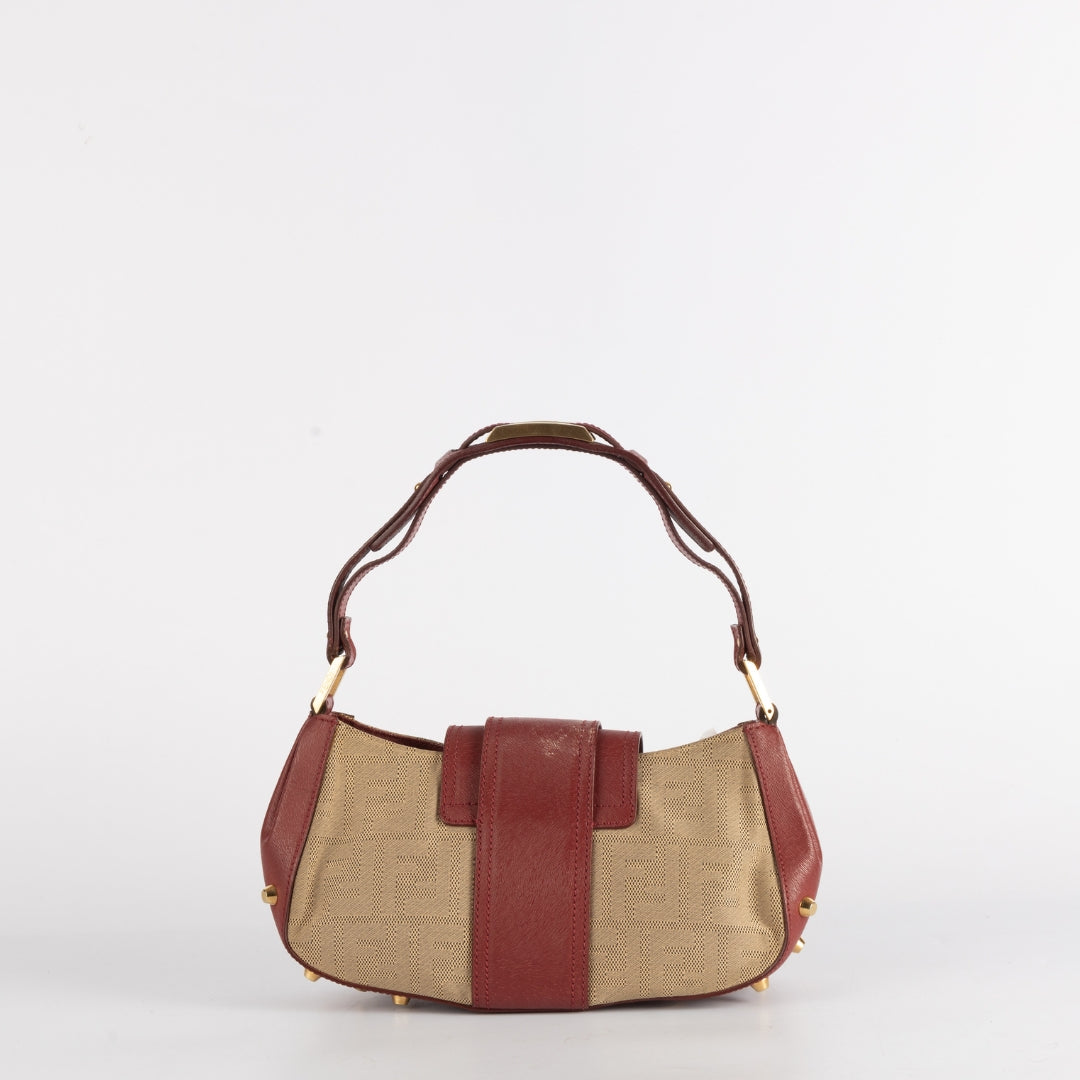 Fendi Beige/Red Zucca Canvas and Leather Baguette Shoulder Bag