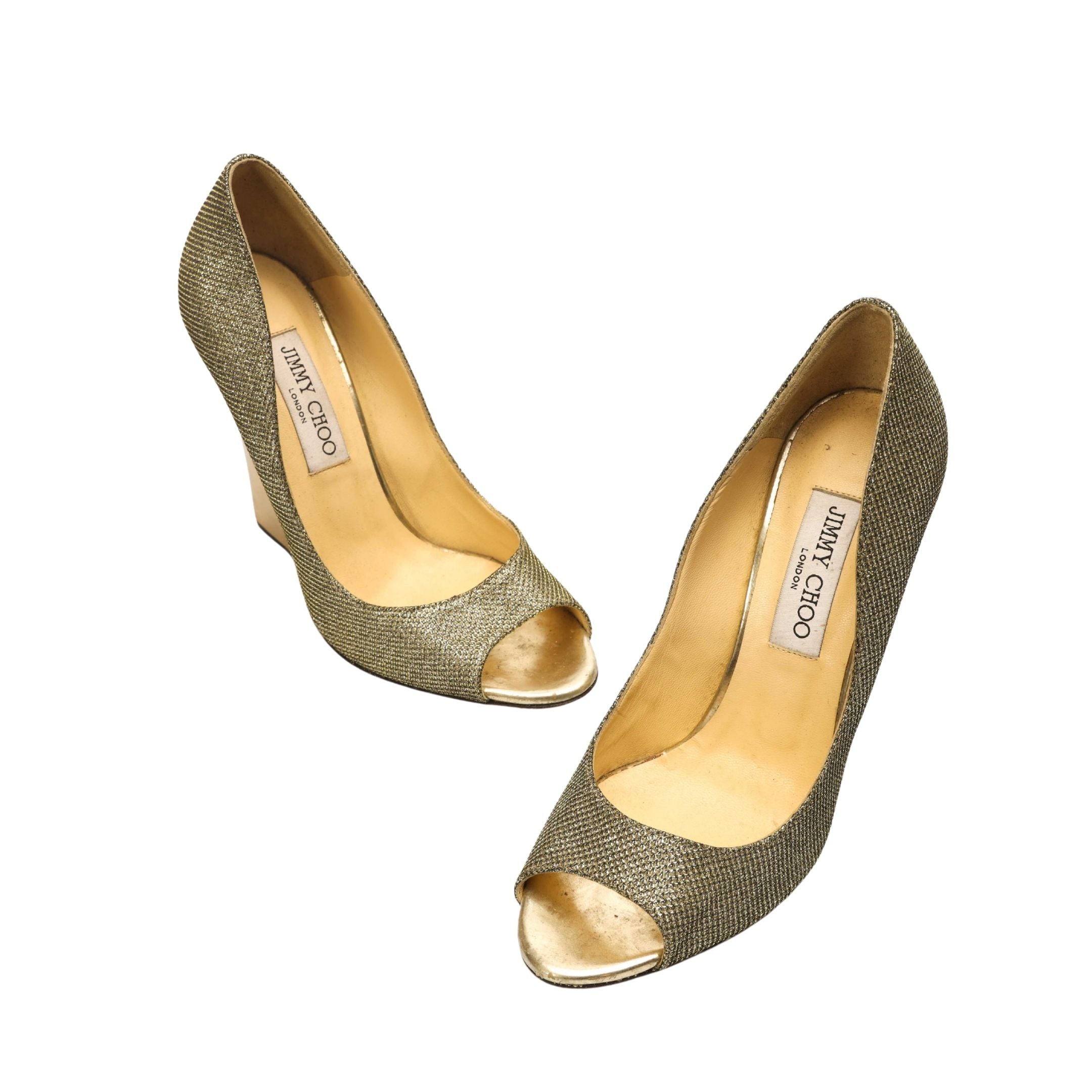 Jimmy Choo Gold Glitter Peep-Toe Pumps