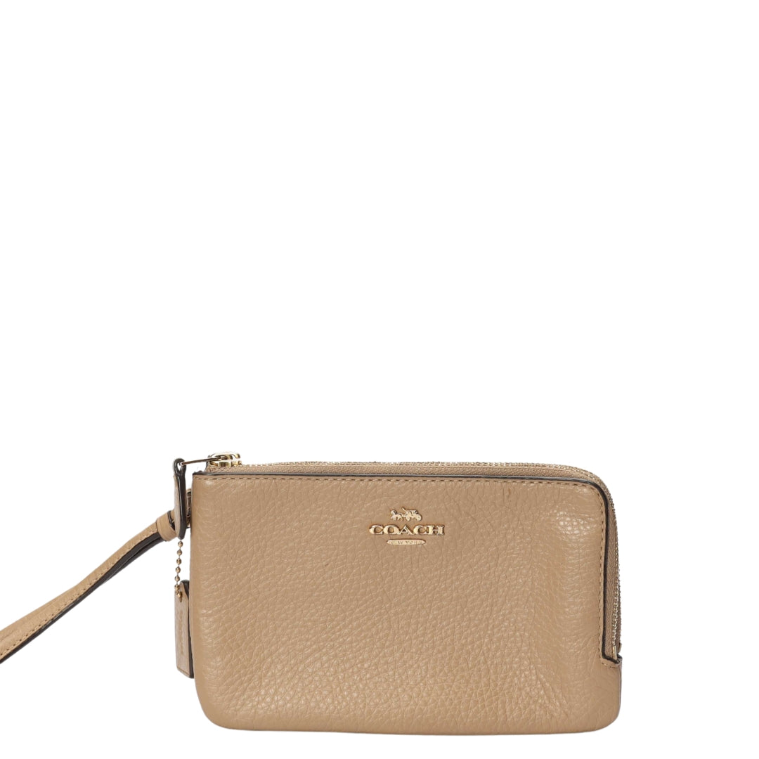 Coach Beige Corner Double Zip Wristlet