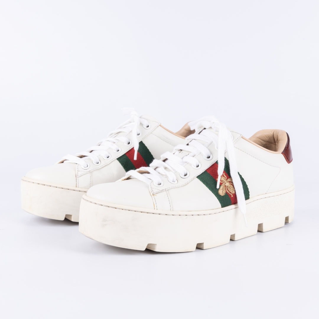 Gucci White Leather Bee Ace Platform Low Top Sneakers