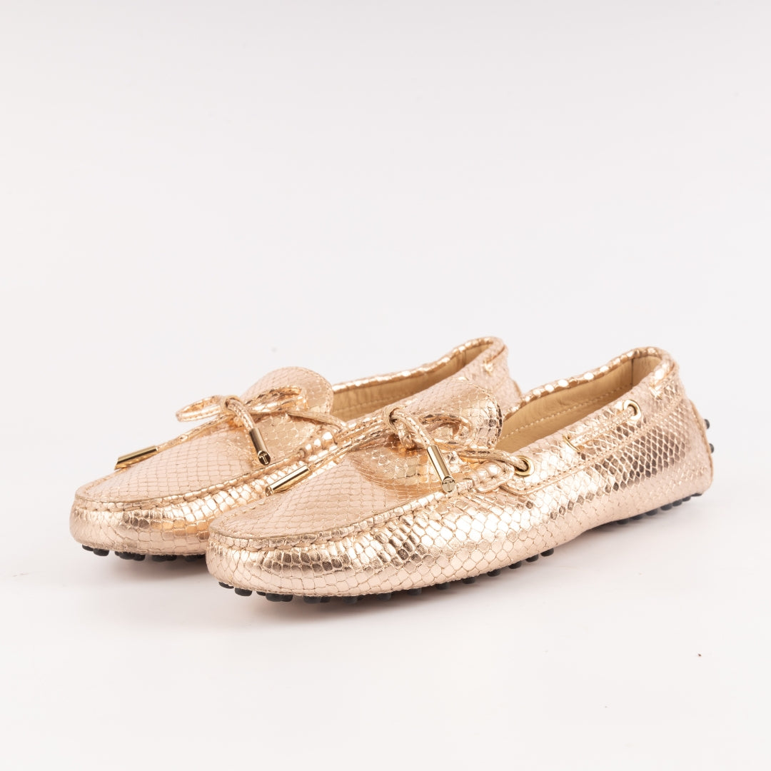 Tod's Python Print Metallic Leather Bow Loafers