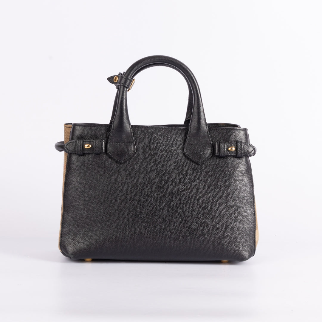 Burberry Black Leather and House Check Fabric Satchel