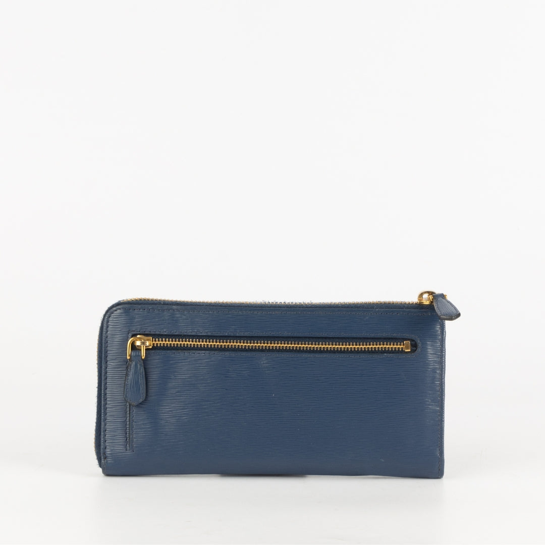 Prada Blue Vitello Move Leather Zip Around Wallet