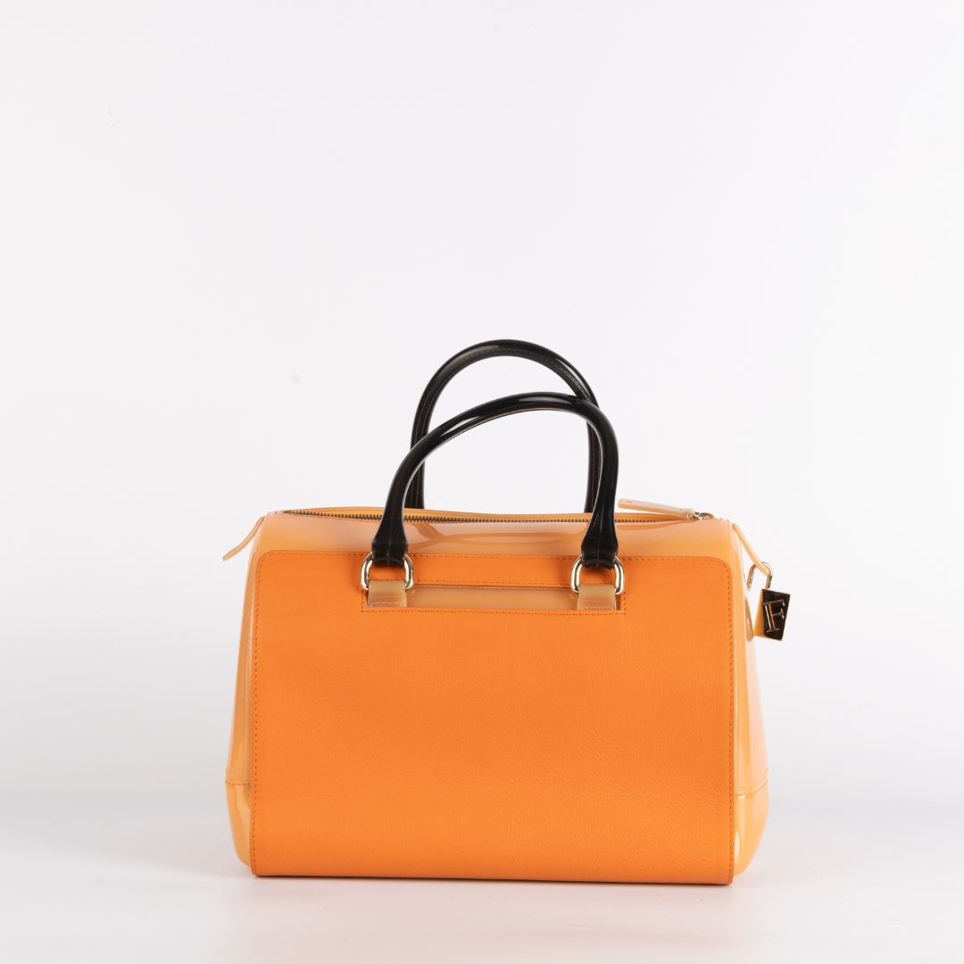 Furla Orange/Brown Rubber and Snakeskin Embossed Leather Candy Satchel