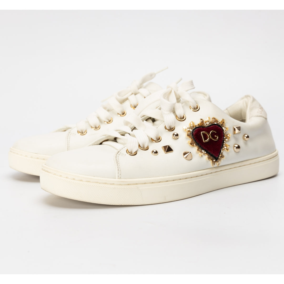 Dolce & Gabbana White Leather Embellished Portofino Sneakers