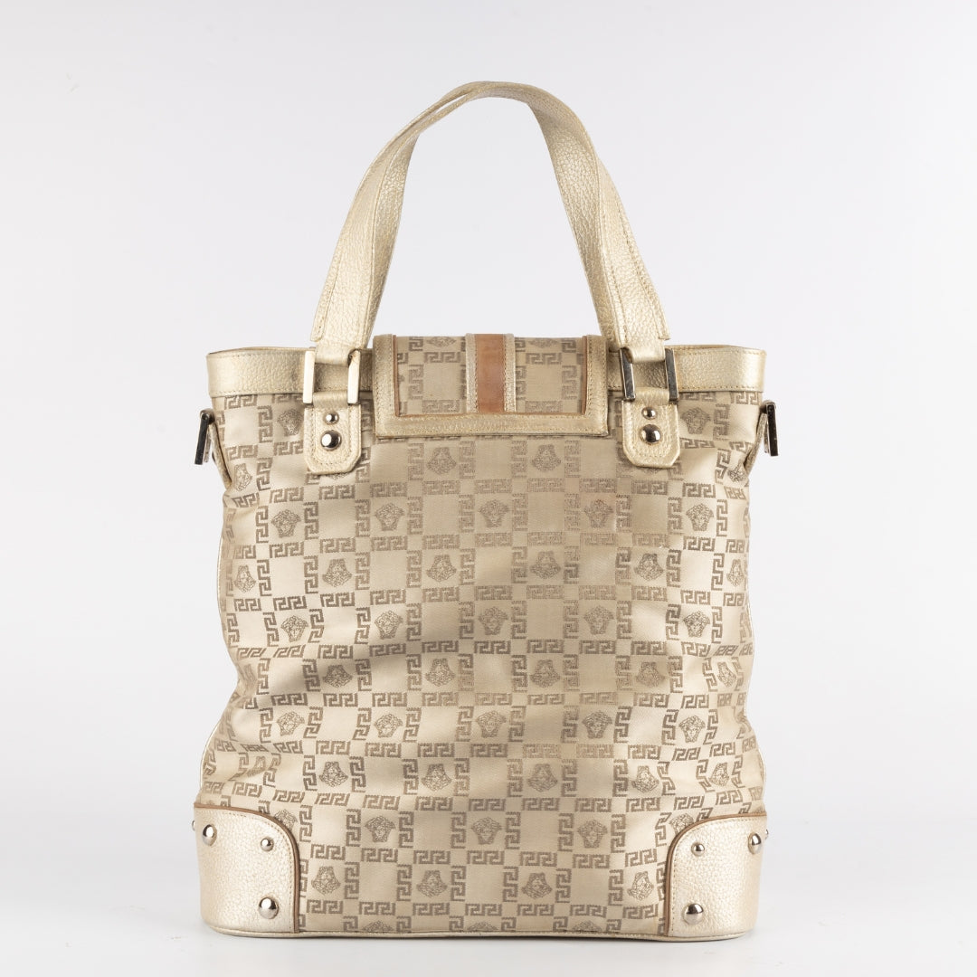 Versace Beige Metallic Signature Fabric and Leather Tote Bag