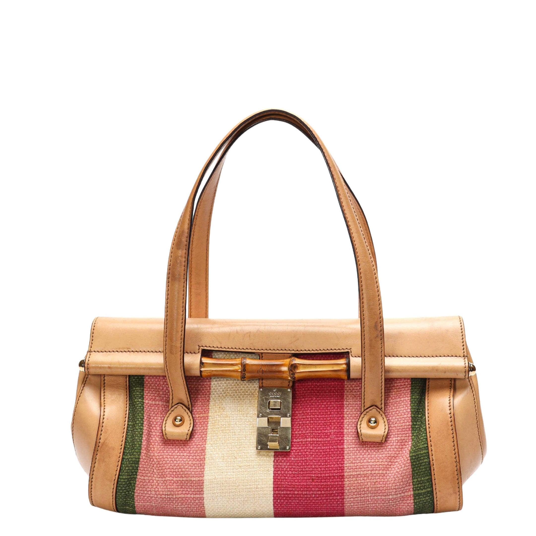 Gucci Pink/Beige Canvas Bamboo Bullet Satchel
