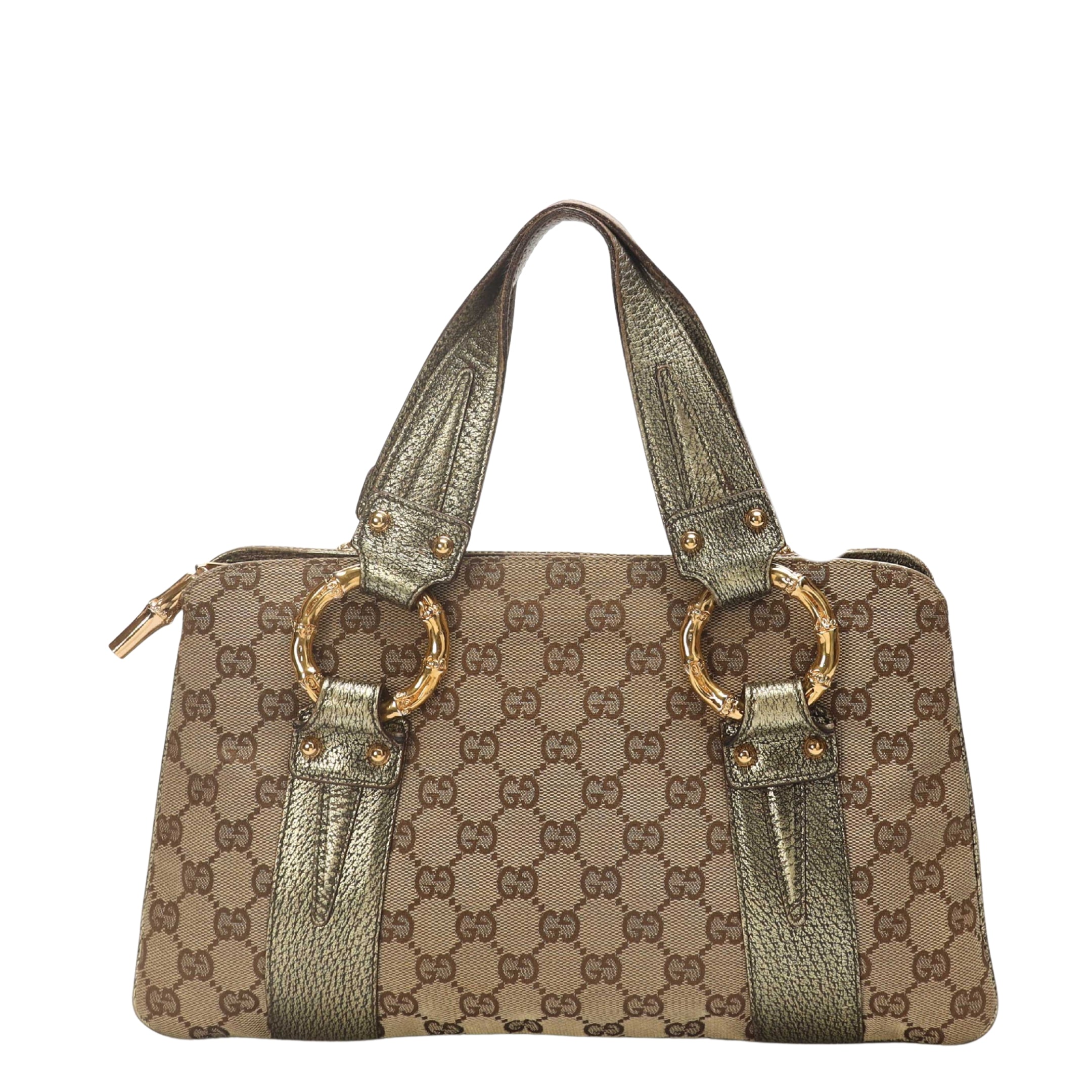 Gucci Metallic/Beige GG Canvas Bamboo Ring Satchel