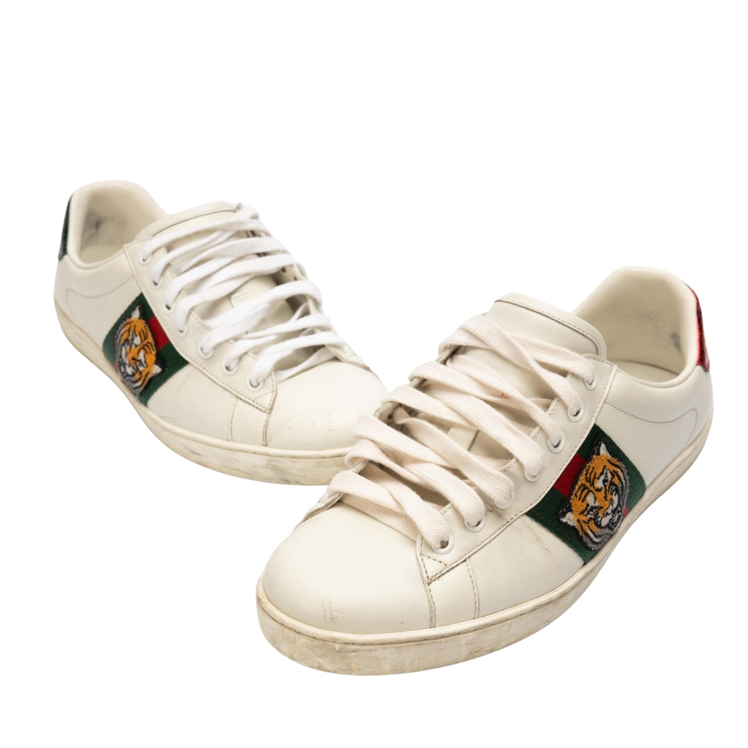 Gucci White Leather Ace Tiger Low Top Sneakers