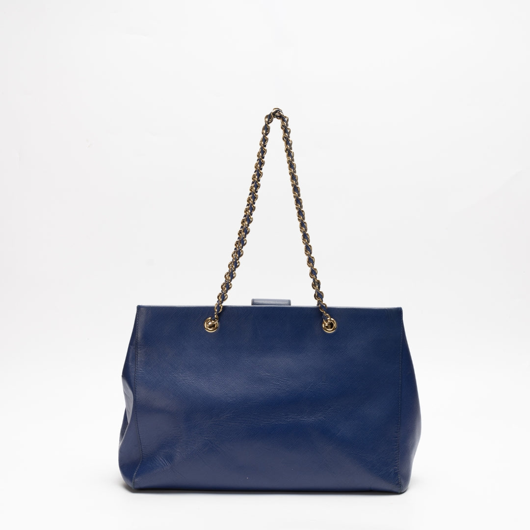 Salvatore Ferragamo Chain-Link Blue Saffiano Leather Tote Bag