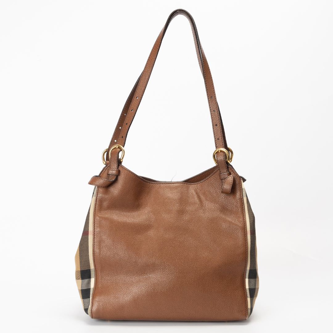 Burberry Brown Leather and House Check Canvas Canterbury Tote Bag