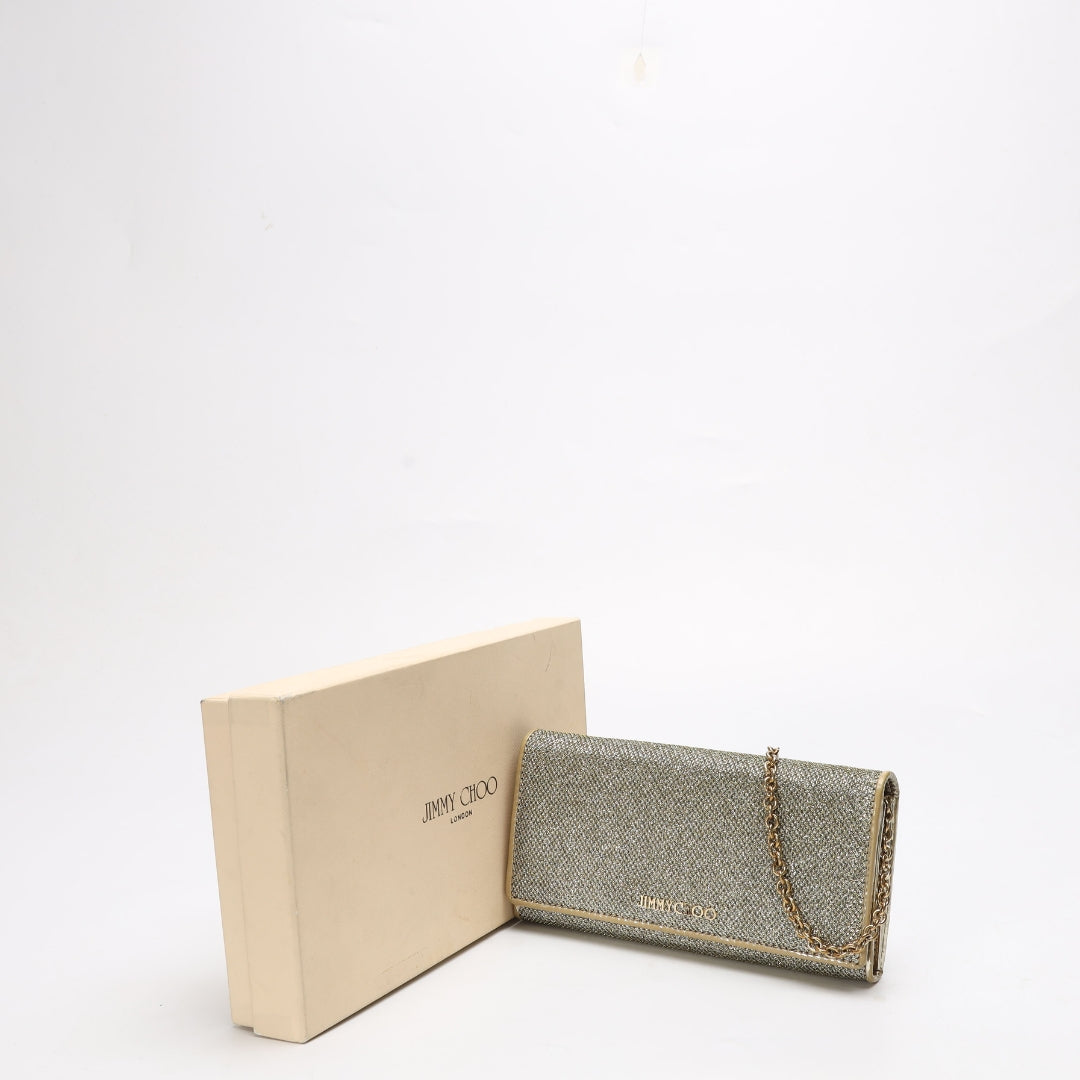 Jimmy Choo Silver Glitter Flap Wallet on Chain