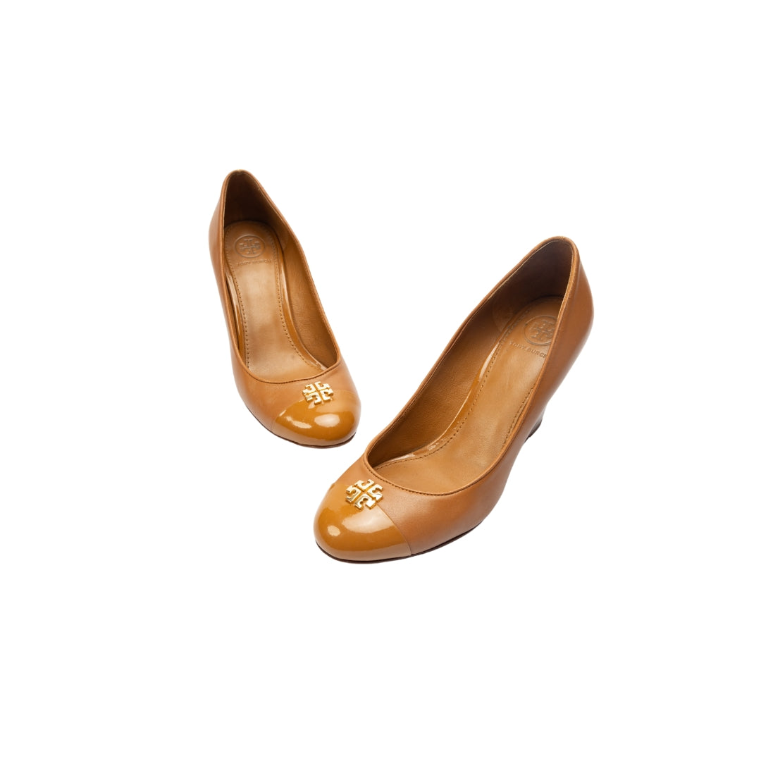 Tory Burch Brown Leather Raleigh Round Toe Wedge Pumps