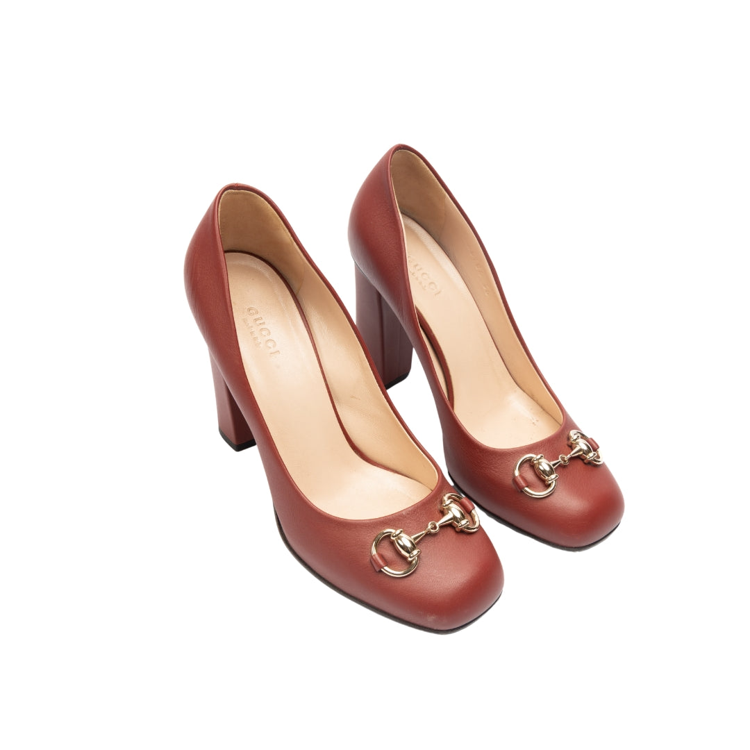 Gucci Red Leather Horsebit Block Heel Pumps
