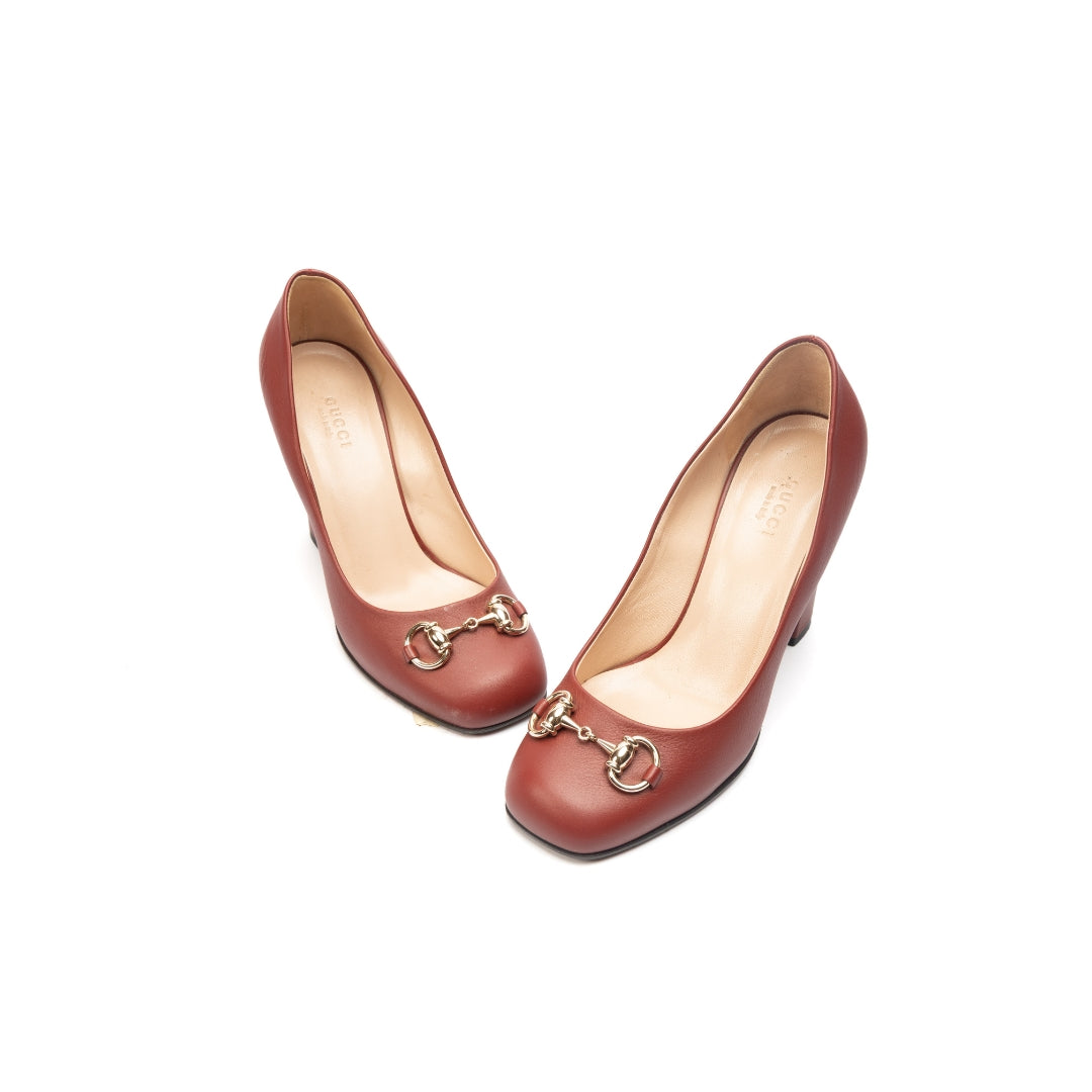 Gucci Red Leather Horsebit Block Heel Pumps