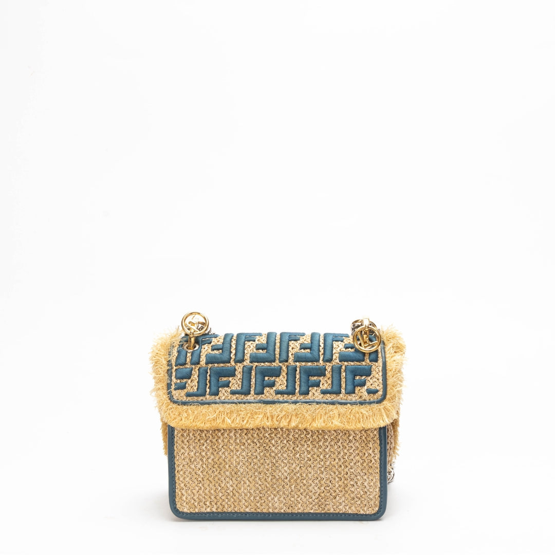Fendi Beige/Blue Raffia Small Kan Shoulder Bag