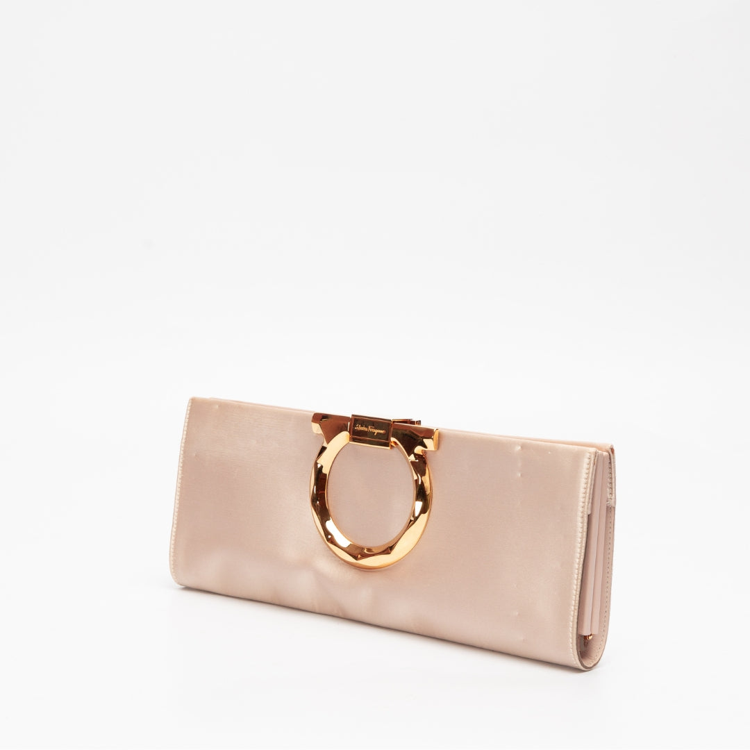 Salvatore Ferragamo Beige Satin Musa Gancini Clutch