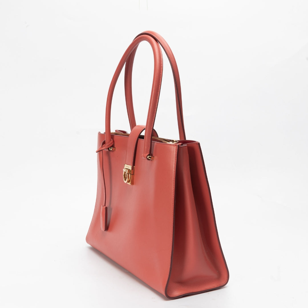 Salvatore Ferragamo Coral Red Gancini Lock Satchel