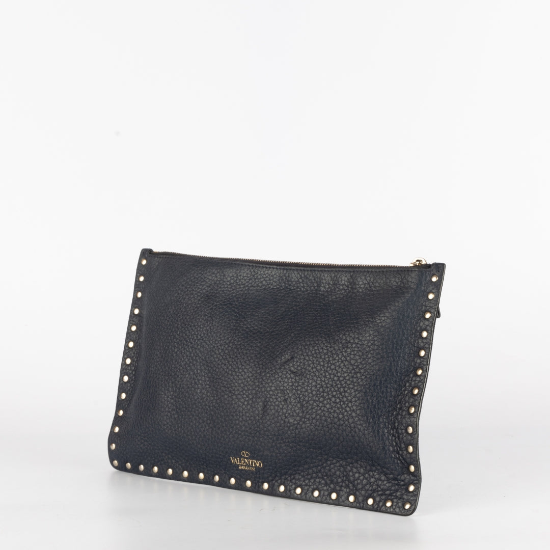 Valentino Navy Leather Rockstud Zip Clutch