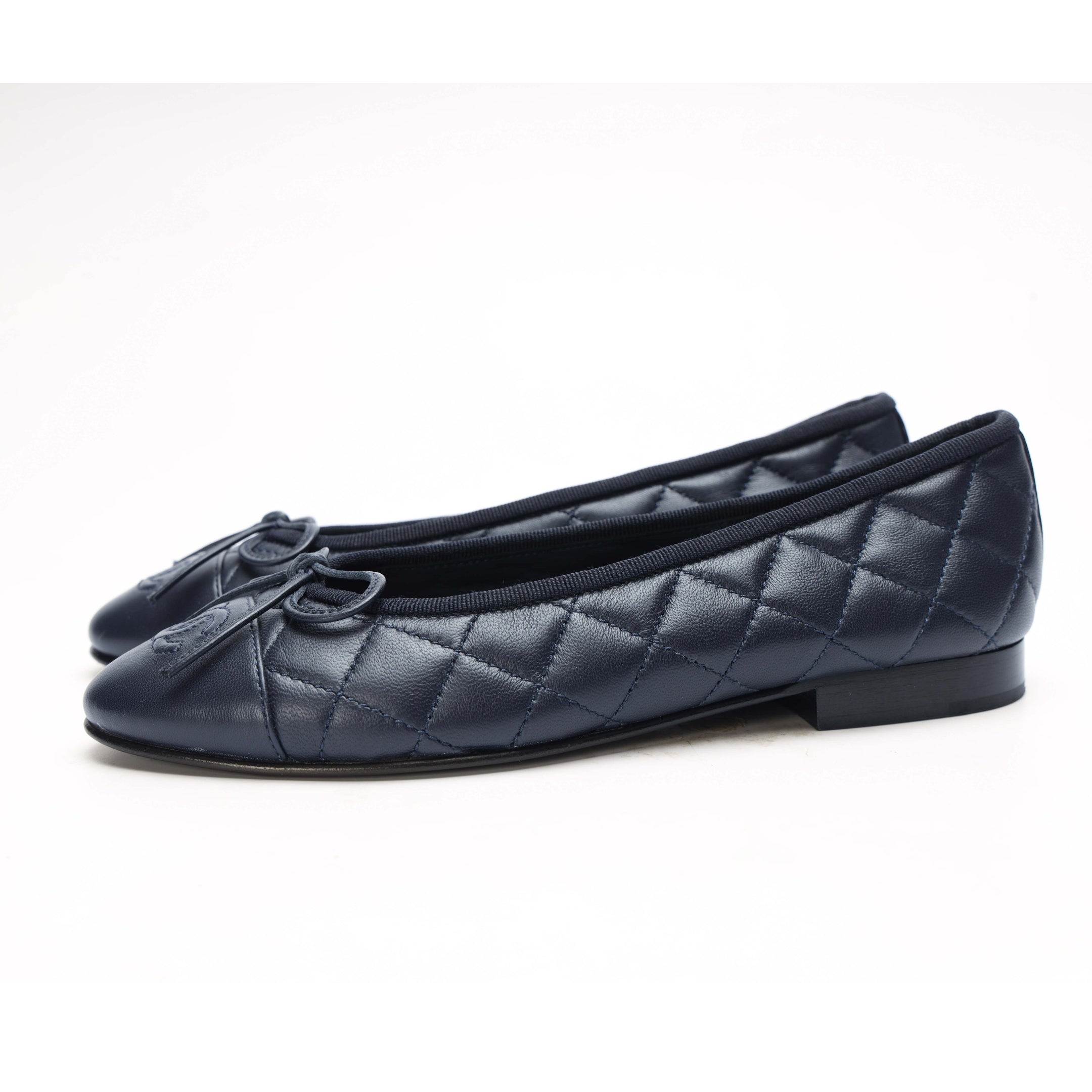 Chanel Navy Leather CC Cap Toe Ballet Flats