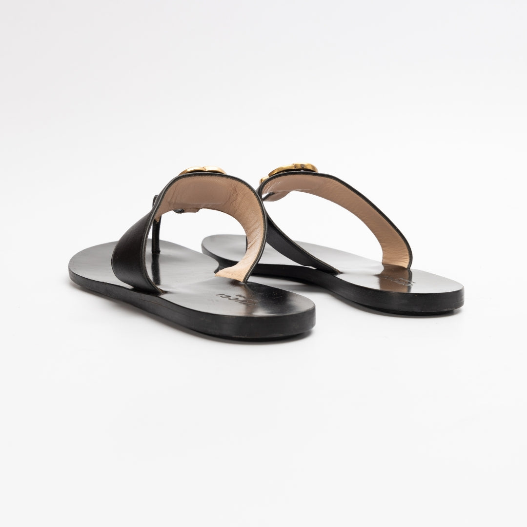 Gucci Black Leather Double G Flat T-Strap Sandals