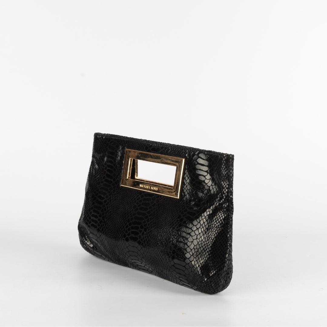 Michael Kors Black Glazed Python Embossed Leather Berkley Clutch