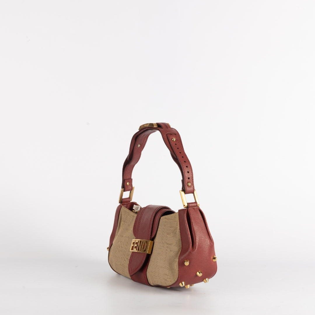 Fendi Beige/Red Zucca Canvas and Leather Baguette Shoulder Bag