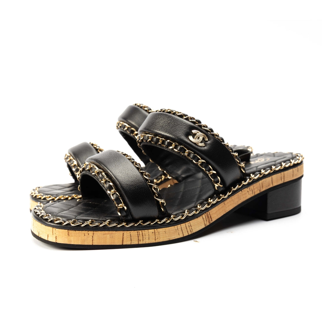 Chanel Black Chain Link CC Cork Sandals