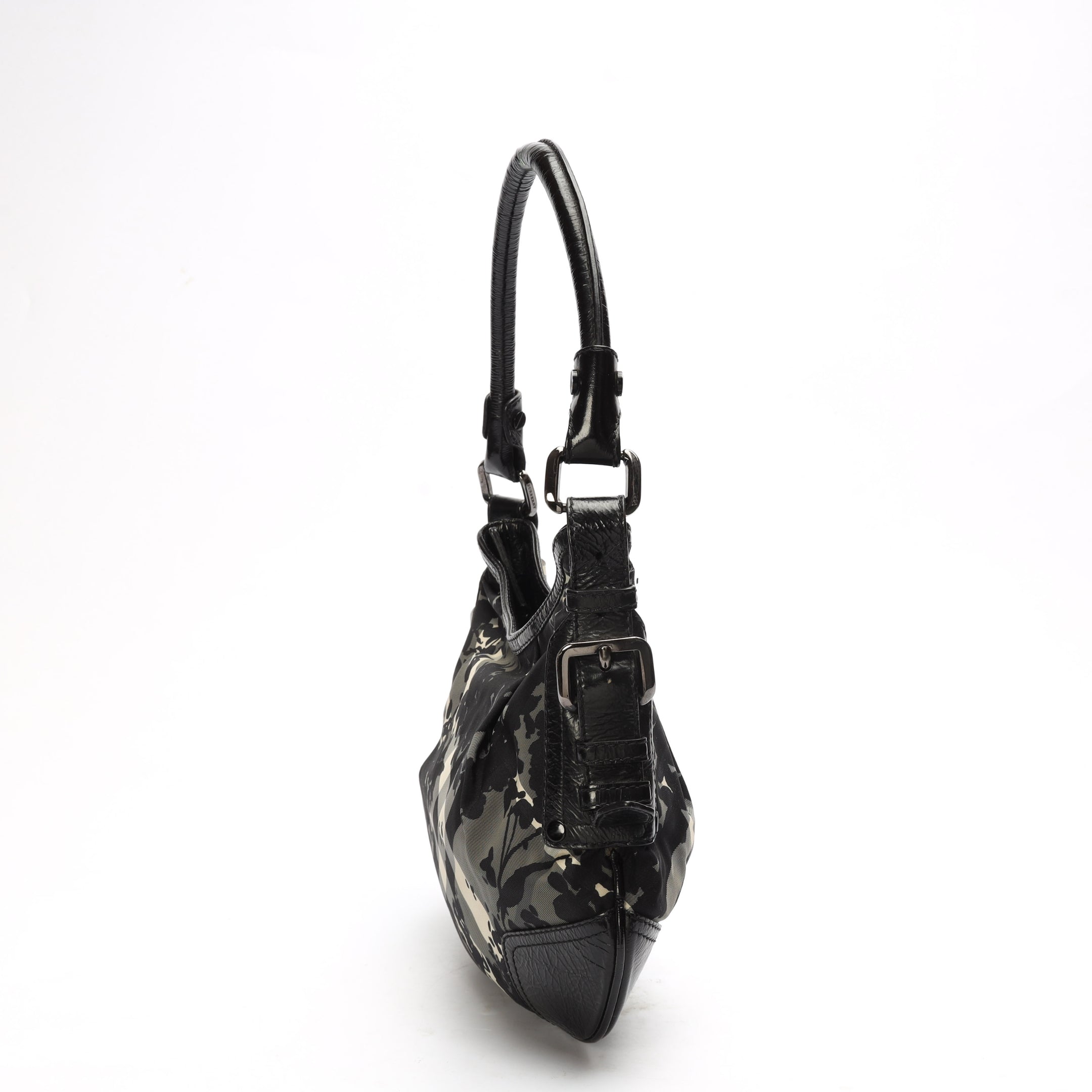 Burberry Black Check Nylon Foley Floral Print Hobo Bag