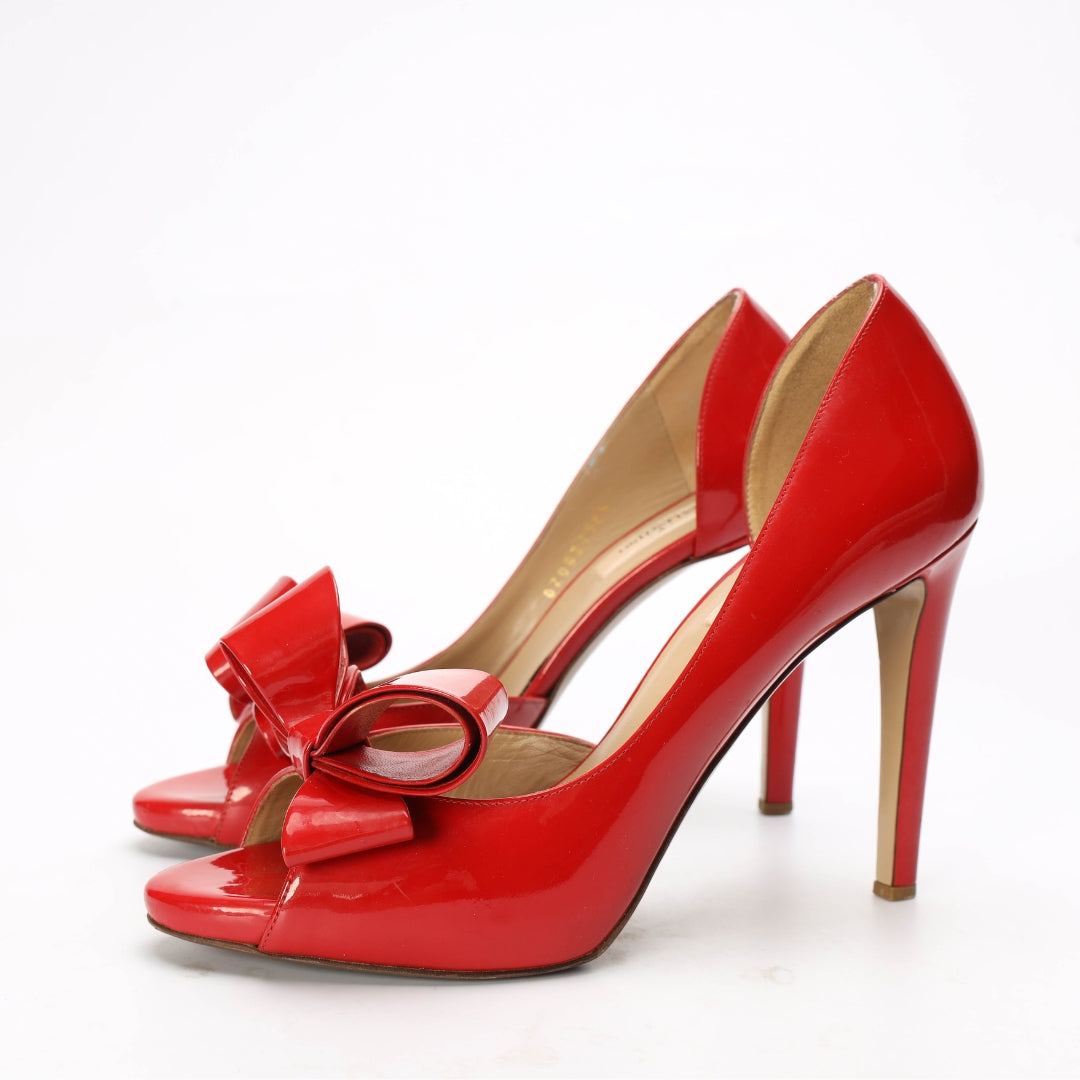 Valentino Red Leather Bow Peep Toe Pumps