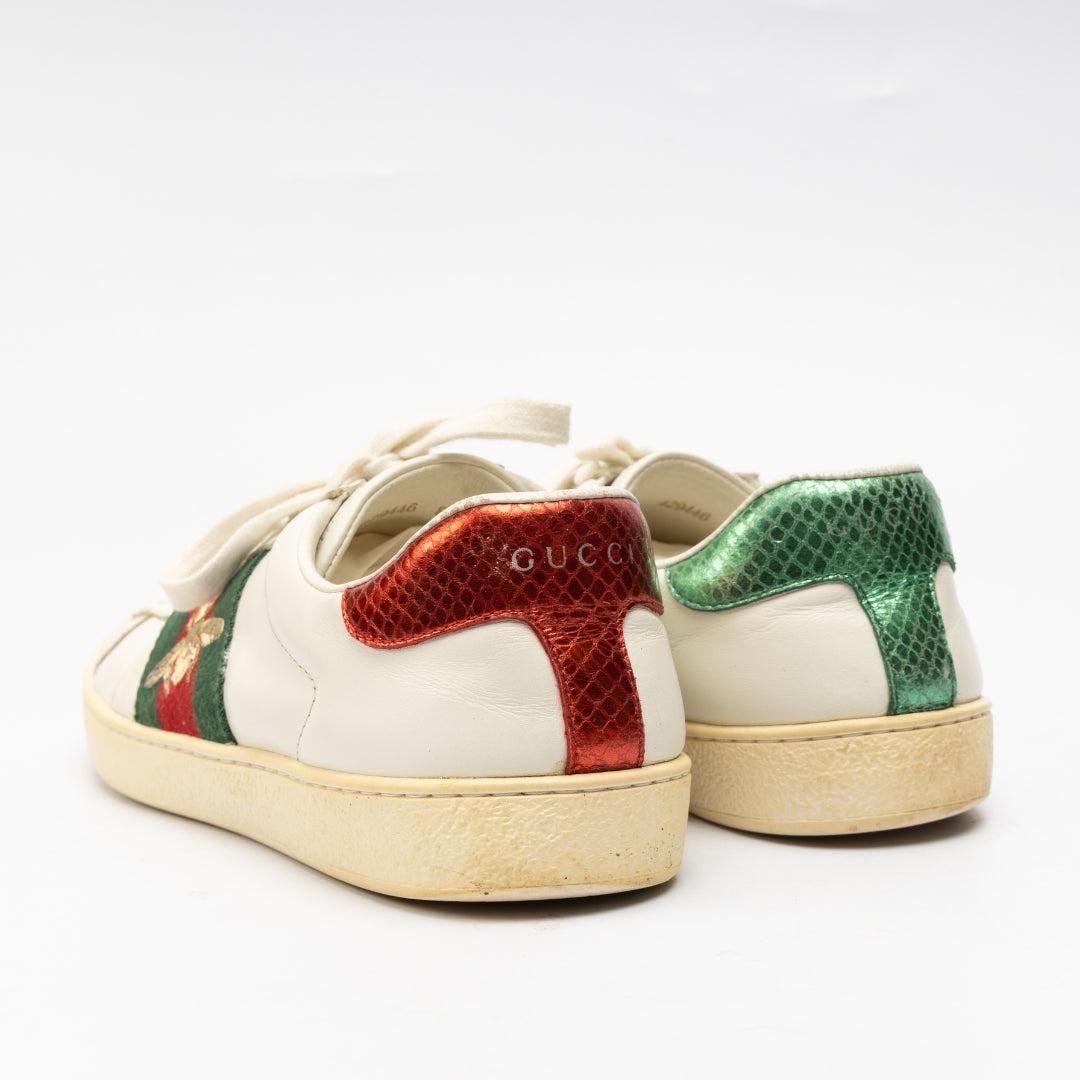 Gucci White Leather and Python Embossed Ace Bee Embroidered Sneakers