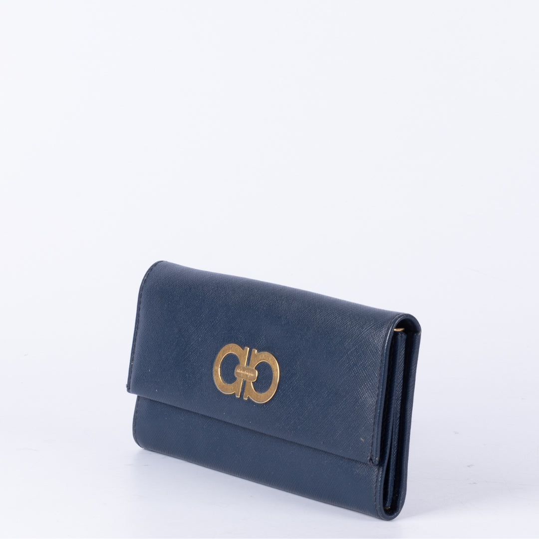 Salvatore Ferragamo Oxford Blue Leather Gancini Continental Wallet