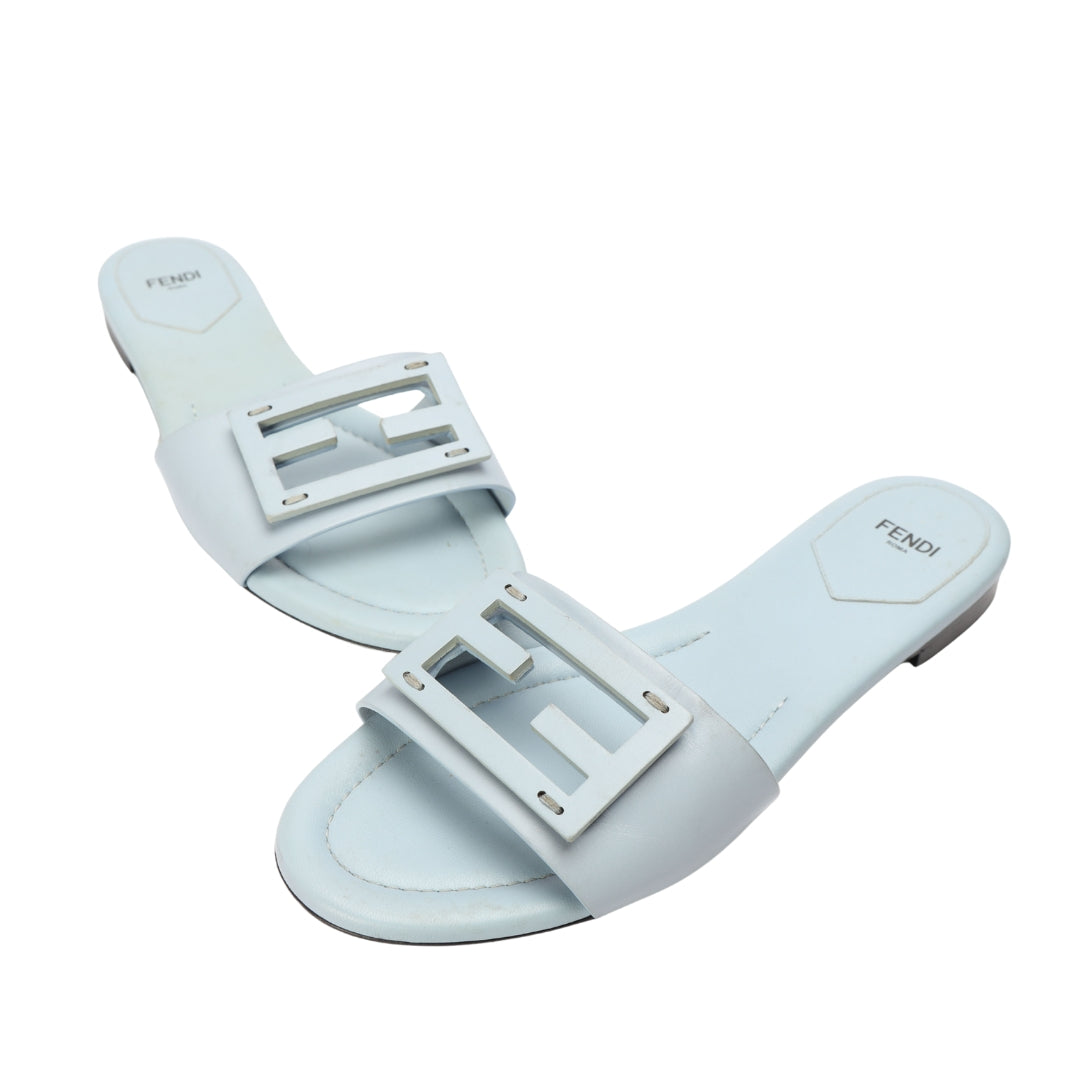 Fendi Baguette Light Blue Leather Slides