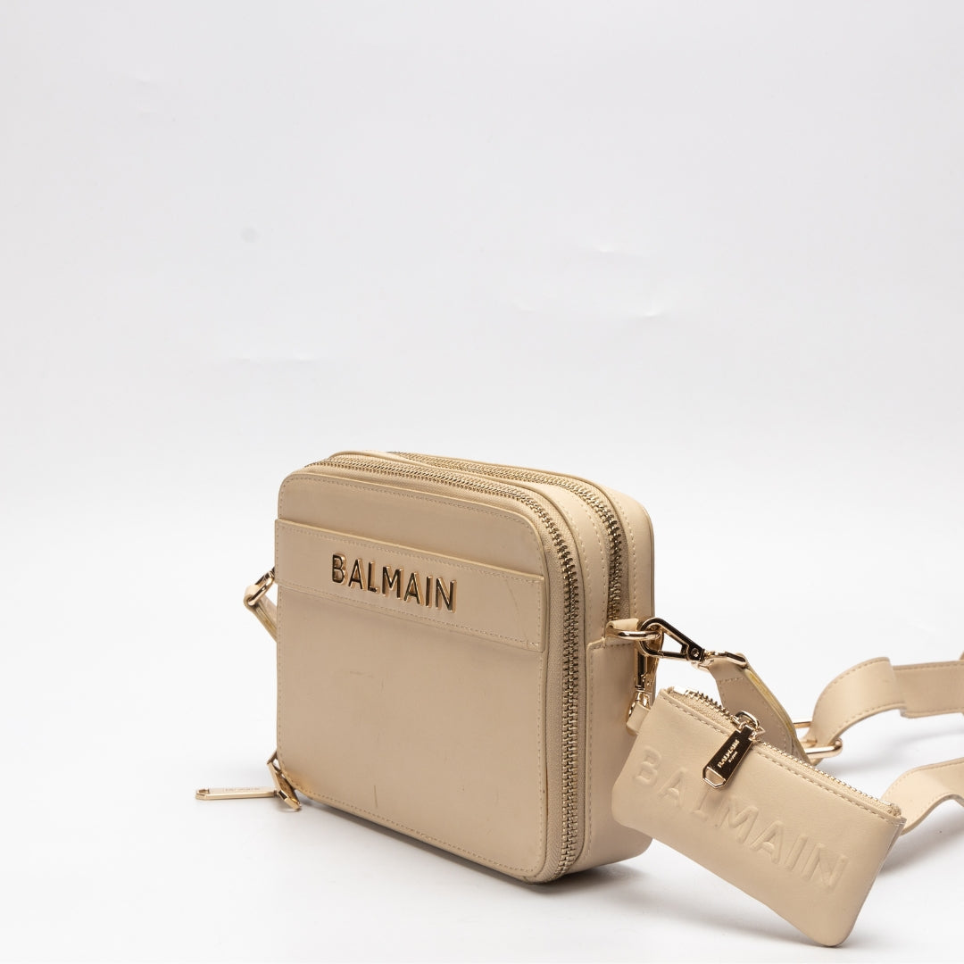 Balmain Cream Gold-tone Logo Crossbody Bag