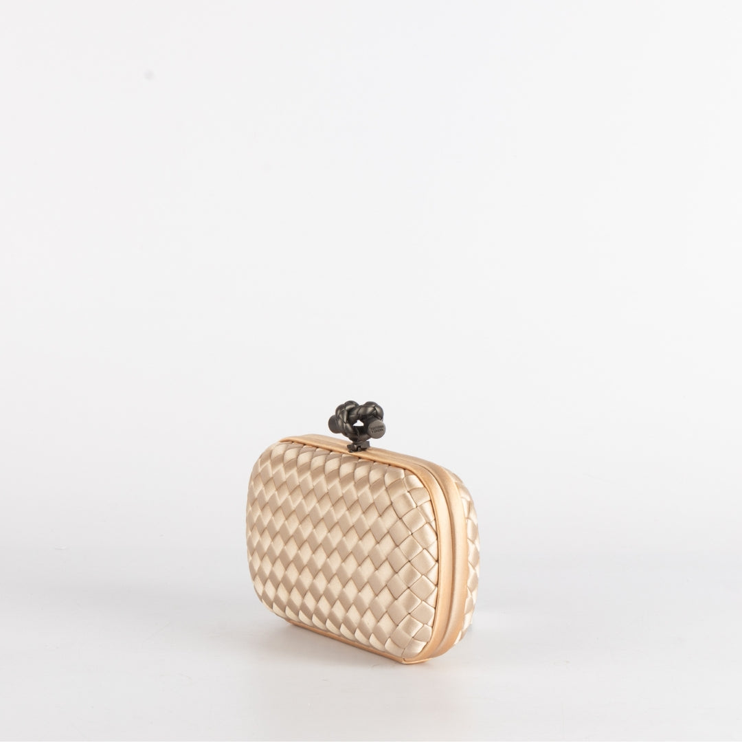 Bottega Veneta Cream Intrecciato Satin Knot Clutch