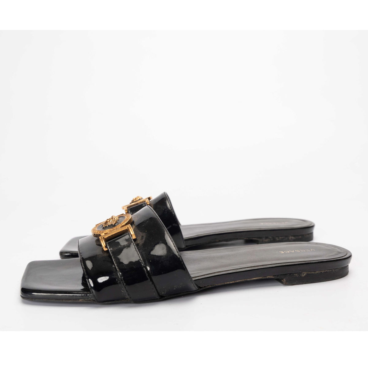 Versace Black Patent Medusa Sandals