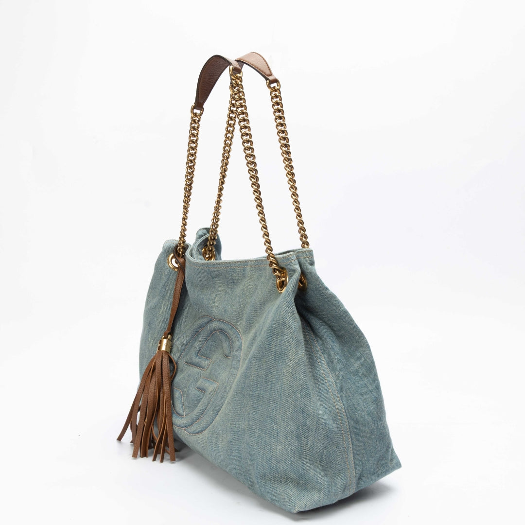 Gucci Blue Distressed Denim Soho Tote