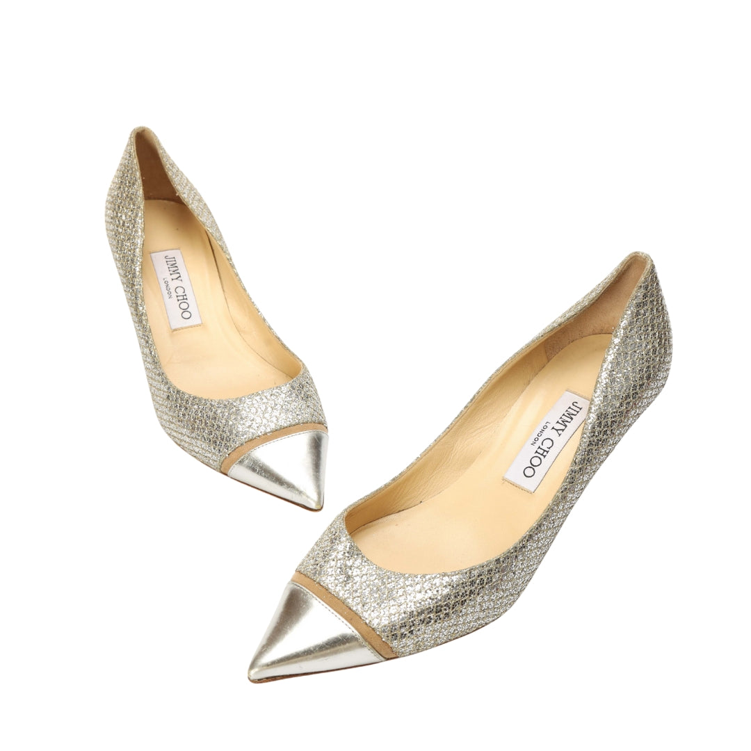 Jimmy Choo Silver Lurex Fabric Pointed Toe Pumps