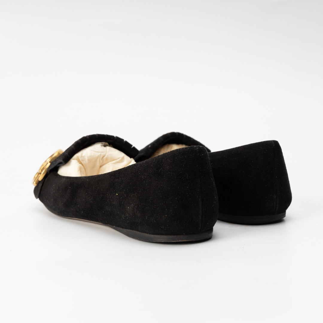 Gucci Black Suede GG Marmont Fringe Detail Ballet Flats