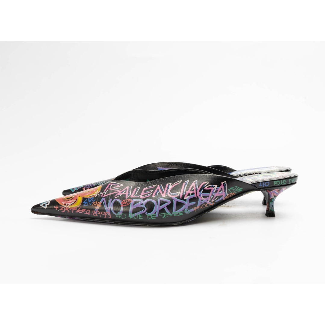 Balenciaga Black Graffiti Knife Pointed Toe Mules