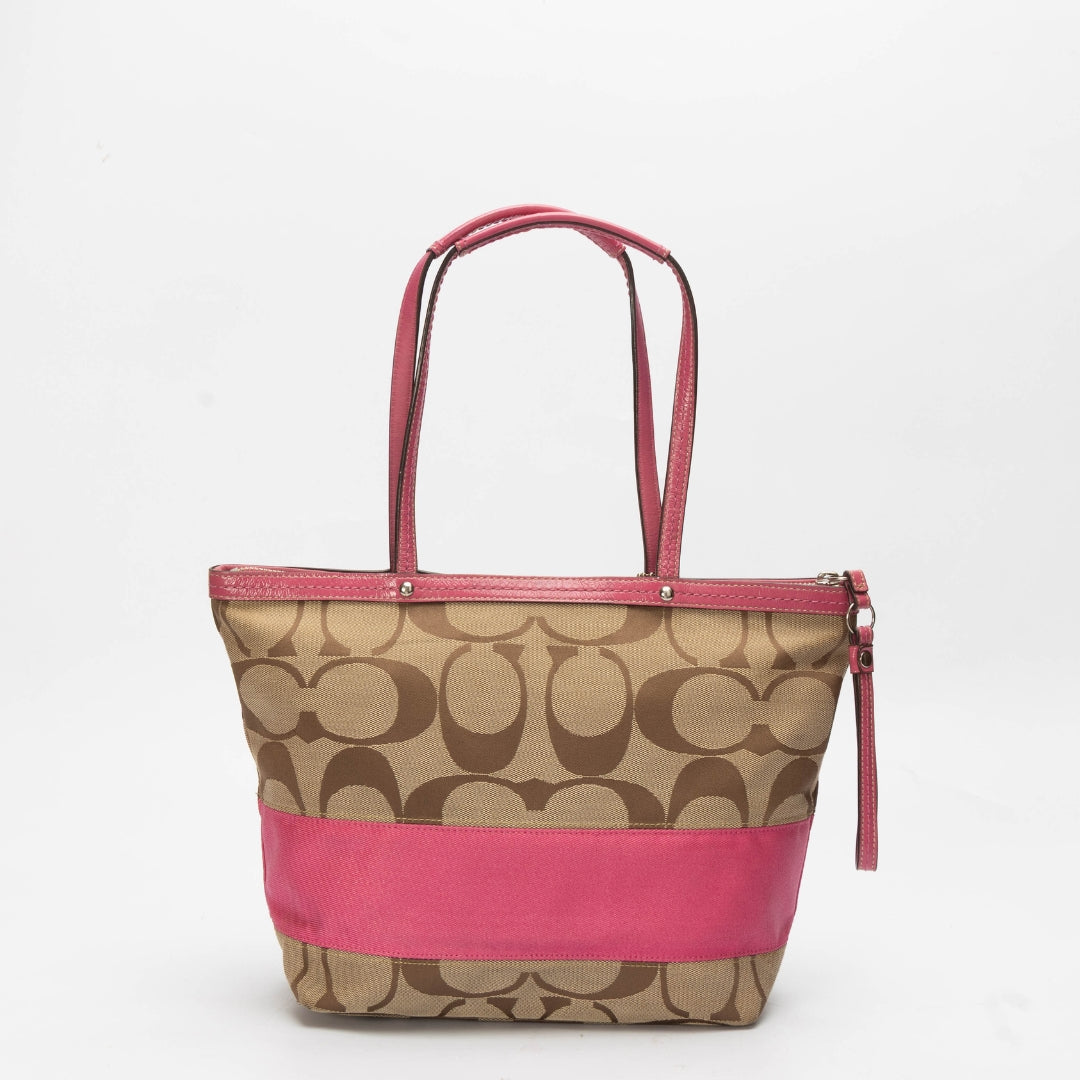Coach Beige/Pink Signature Canvas Tote