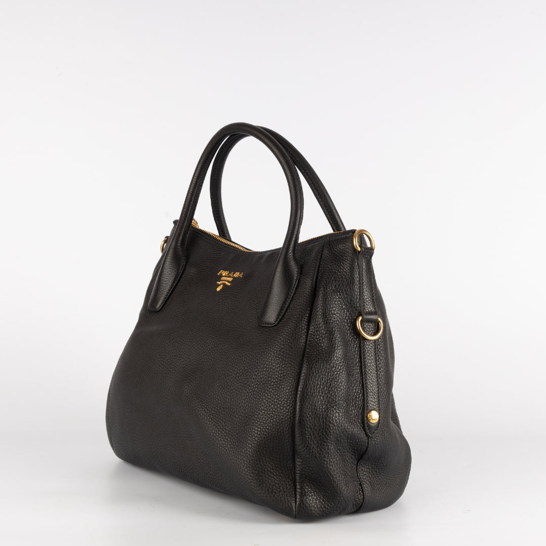 Prada Black Leather Vitello Daino Sacca 2 Manici Hobo Bag