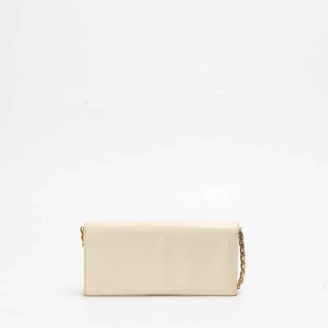 Prada Beige Metal Logo Flap Wallet On Chain