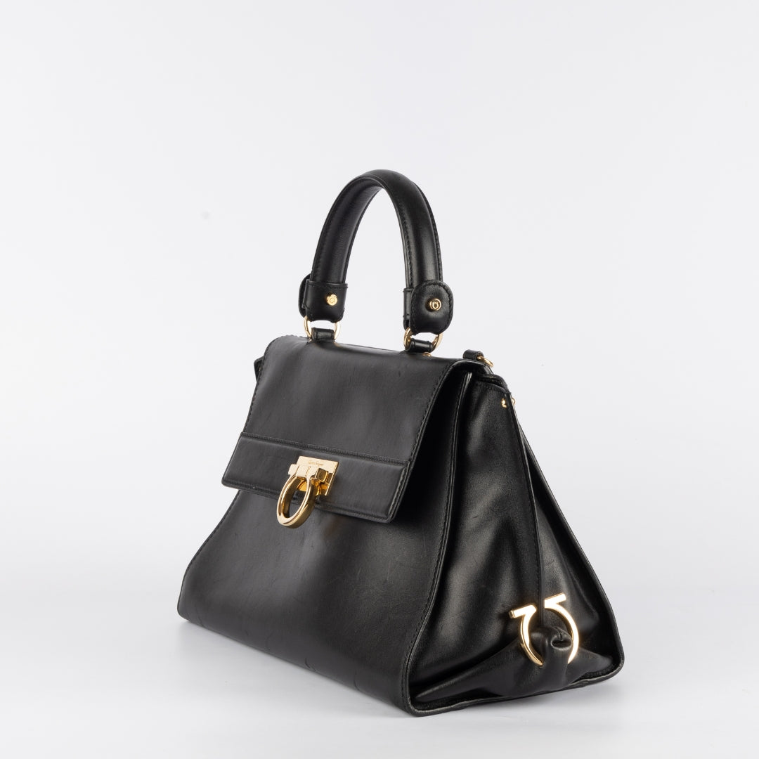 Salvatore Ferragamo Black Leather Top Handle Bag