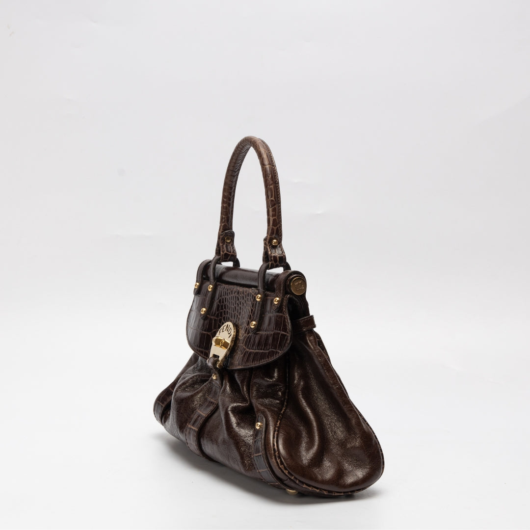 Fendi Brown Leather Croc Embossed Magic Bag