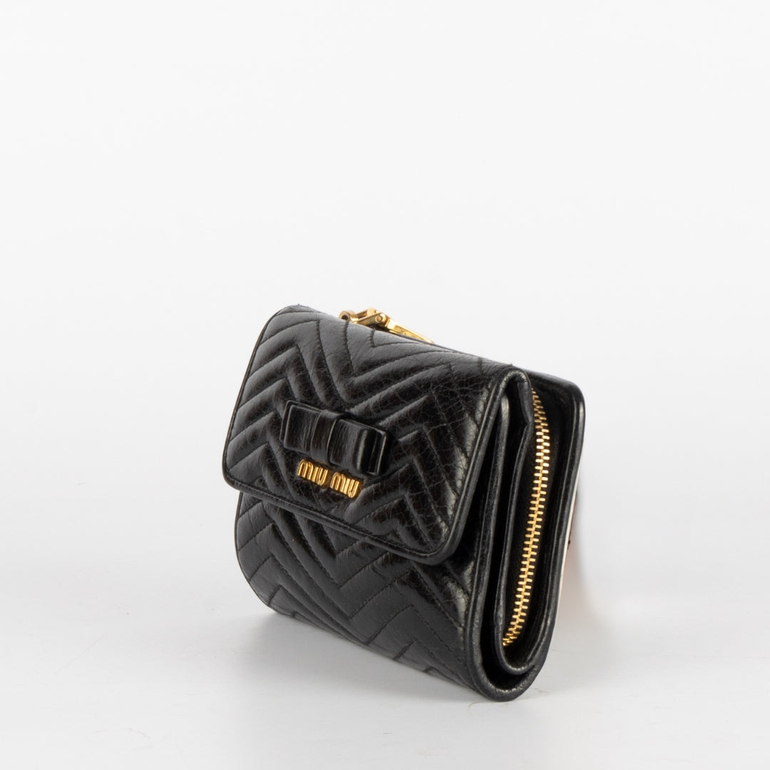 Miu Miu Black Glossy Leather Bow Flap Continental Wallet