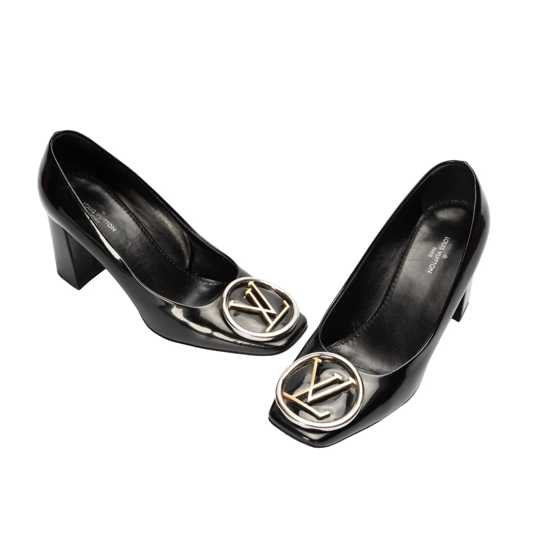 Louis Vuitton Black Madeleine Logo Block Heel Pumps